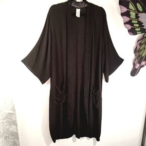 Black Duster Crochet Lace Trim Kimono Cardigan Pockets Flowy Lightweight Boho